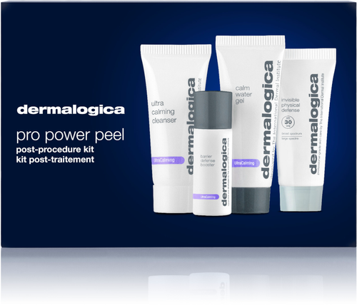 dermalogica pro power peel post-procedure kit.  Four items labeled ultra calming cleanser, barrier defense booster, calm water gel and invisible physical defense SPF30